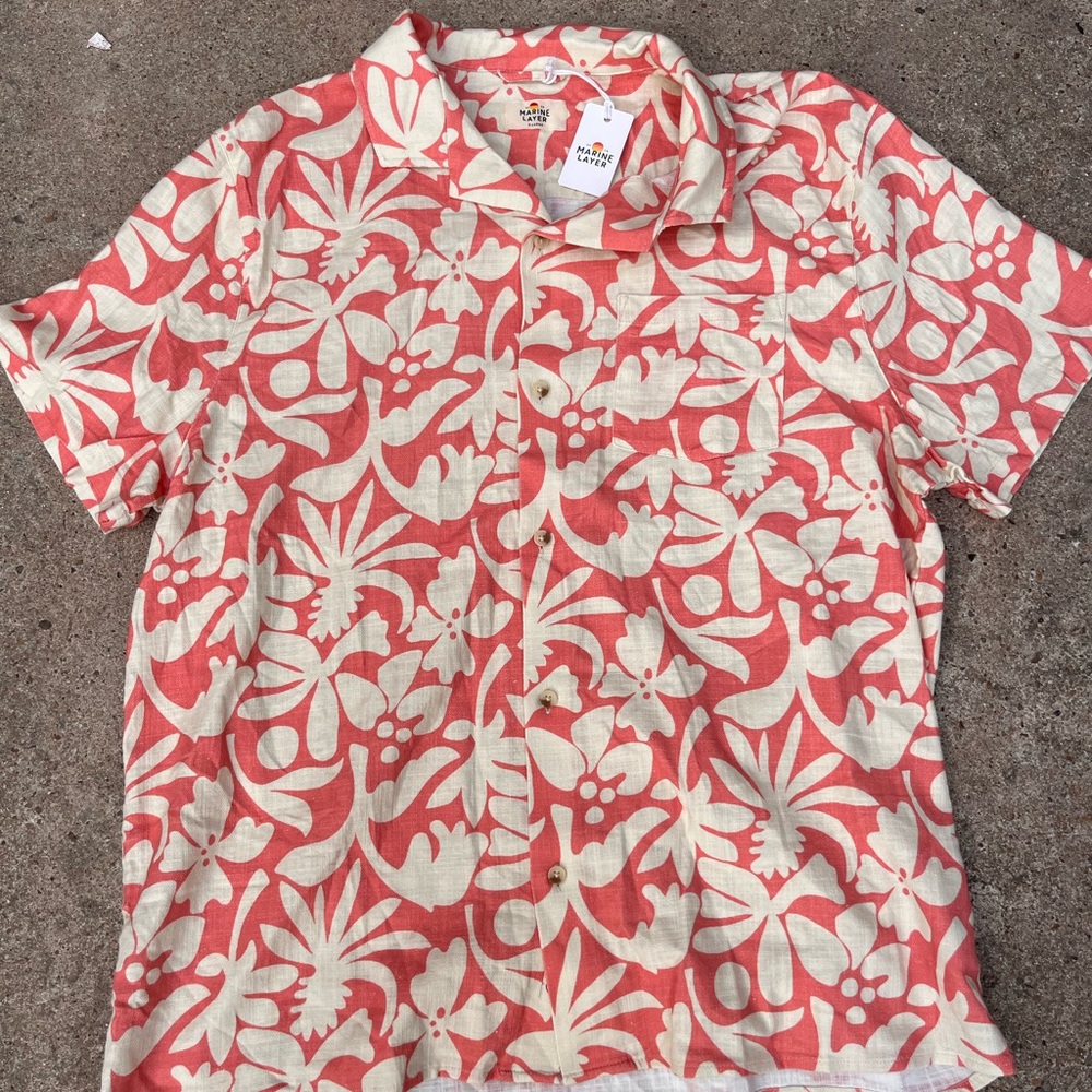 Marine Layer Coral and Cream Floral Shirt